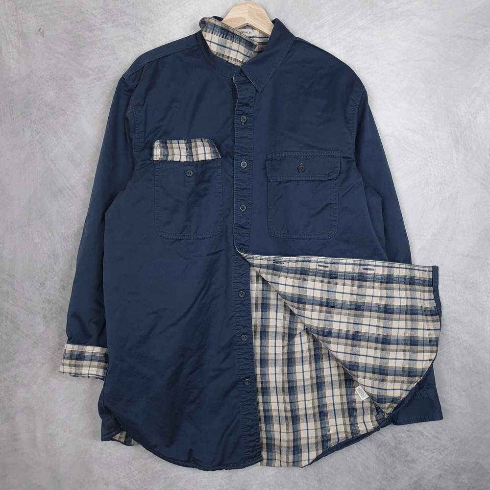LL Bean Hurricane Shirt Jacket Mens Medium Tall Blue Flannel Lined Workwear